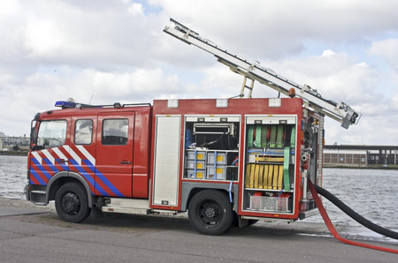 Fire engine in Amsterdam harbor The Netherlands