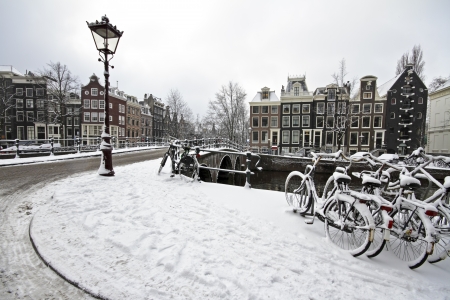 Snowy Amsterdam in winter in the Netherlandsの写真素材