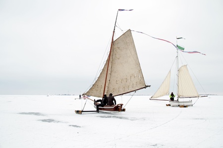 Ice sailing on the Gouwzee in the Netherlandsの写真素材