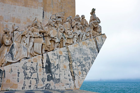 White stone ship shaped Monument to the Discoveries hailing Portugals famous navigator and history, Portugalのeditorial素材