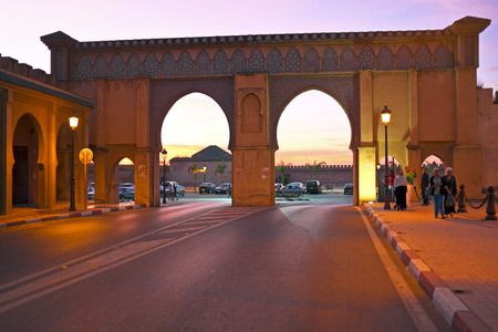 FES. MOROCCO - OCTOBER 15: Bab Boujelud Gate to the old medina in Fes at twilight in Fes, Morocco, Africaのeditorial素材