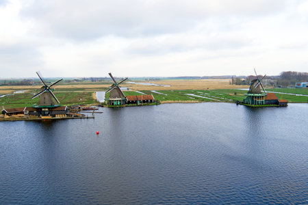 Traditional windmills at Zaanse Schans in the Netherlandsの写真素材