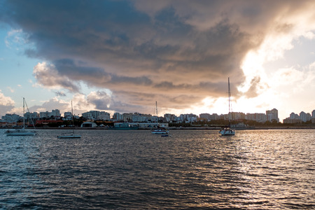 Sailing boats in the harbor from Portimao in Portugalの写真素材