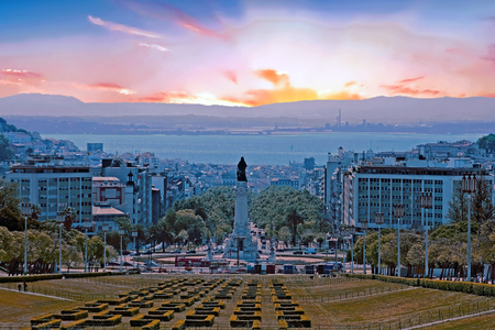 Statue from Eduardo VII park in Lisbon Portugal at sunsetの写真素材