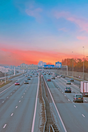 Famous highway A2 near Amsterdam in the Netherlands at sunsetの写真素材