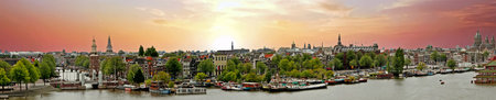 Panorama from the city Amsterdam in the Netherlands at sunset