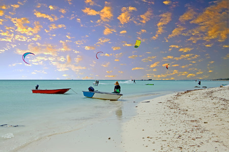 Kite surfing at Aruba island in the caribbean seaのeditorial素材