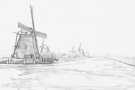Pencil drawing from Traditonal windmills in the countryside from the Netherlandsの写真素材