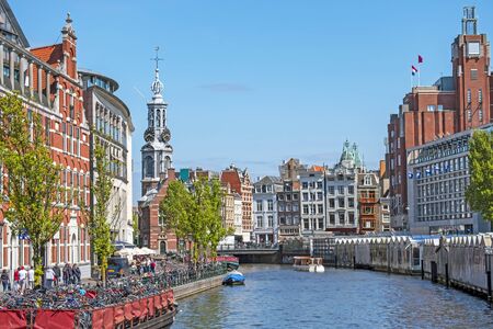 City scenic from Amsterdam with the Munt tower in the Netherlandsの写真素材