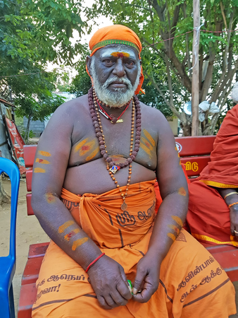 Tiruvanamalai, India - January 5, 2019: Sadhu in the streets from Tiruvanamalai in Tamil Nadu Indiaのeditorial素材