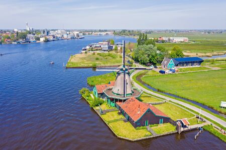 Aerial from a traditional windmill at Zaanse Schans in the Netherlandsの写真素材