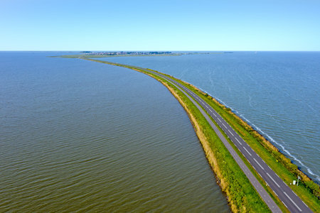 Aerial from the dyke to Marken at the IJsselmeer in the Netherlandsの写真素材