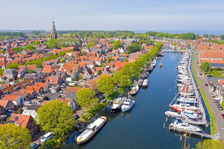 Aerial from the harbor and city Enkhuizen in the Netherlandsの写真素材