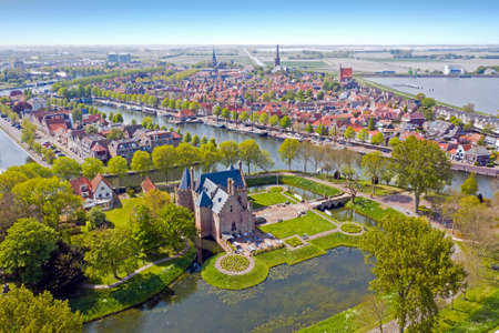 Aerial from the town Medemblik with the Radboud castle in the Netherlandsのeditorial素材
