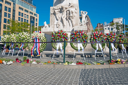 Amsterdam, Netherlands - May 5, 2020: Wreaths at the National Monument on the occasion of...