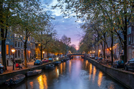 Cityscenic at the Keizersgracht in Amsterdam the Netherlands at nightの写真素材
