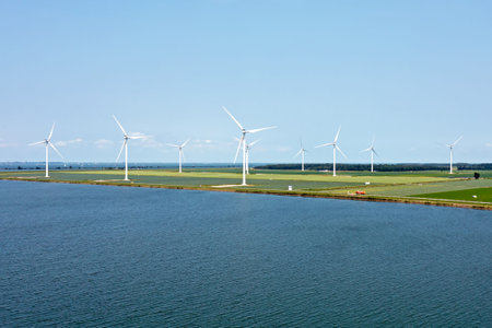 Aerial from windmills at the IJsselmeer near Almere in the Netherlands
