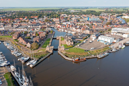 Aerial from the historical city Lemmer in Friesland the Netherlandsの写真素材