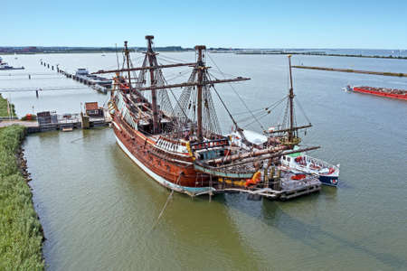 Aerial from a traditional sailing ship in the harbor from Amsterdam Netherlandsの写真素材