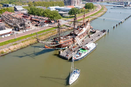 Aerial from an old dutch VOC ship in the harbor from Lelystad in the Netherlandsの写真素材