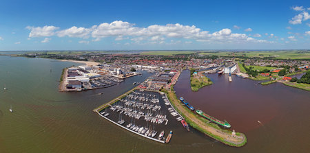Aerial panorama from the city and harbor from Lemmer in Friesland the Netherlandsの写真素材