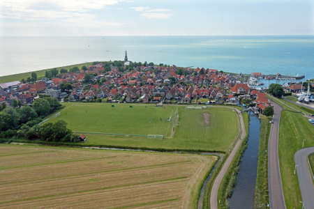 Aerial from the traditional village Hindeloopen at the IJsselmeer in Friesland the Netherlandsの写真素材