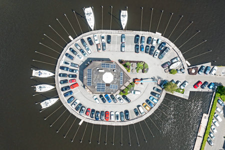Aerial topshot from boats and cars at the jetty in Friesland the Netherlandsの写真素材