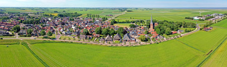 Aerial panorama from the historical village Holwerd near the Wadden Sea in Friesland the Netherlandsの写真素材