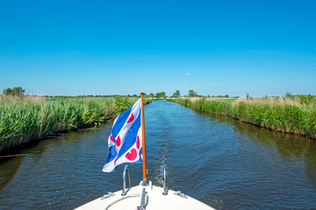 Cruising through National Park Alde Feanen in Friesland the Netherlands with the frisian flagの写真素材