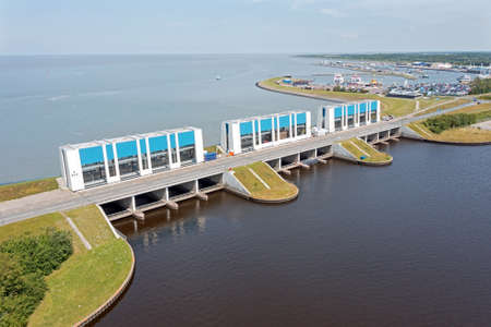 Aerial from the RJ Clevering Sluices at the Lauwersmeer in the Netherlandsの写真素材