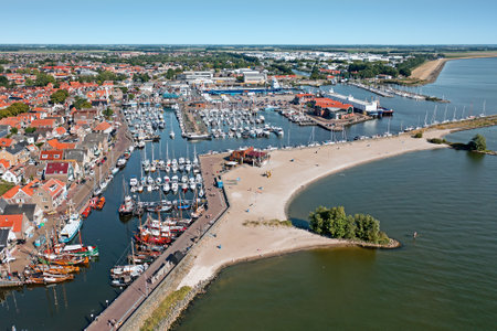 Aerial from the traditional town Urk and the harbor in the Netherlandsの写真素材