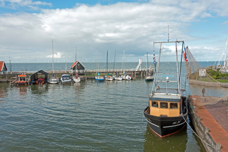 Aerial from boats in the harbor from Hindeloopen in Friesland the Netherlandsの写真素材