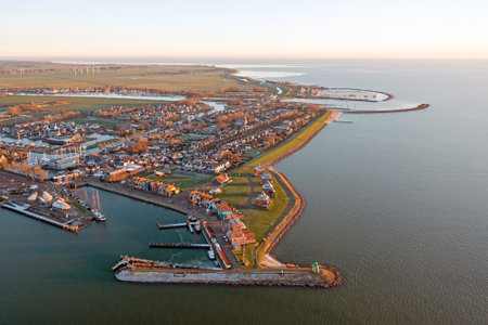 Aerial from the harbor and city Stavoren at the IJsselmeer in the Netherlandsの写真素材