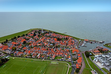 Aerial from the traditional village Hindeloopen at the IJsselmeer in the Netherlandsの写真素材