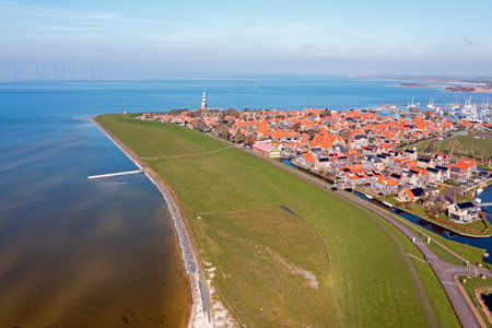 Aerial from the historical city Hindeloopen at the IJsselmeer in the Netherlandsの写真素材