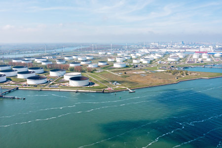 Aerial from industry at the Nieuwe Waterweg in Rotterdam the Netherlands