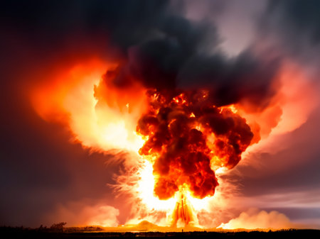 Fire explosion with a dramatic sky.