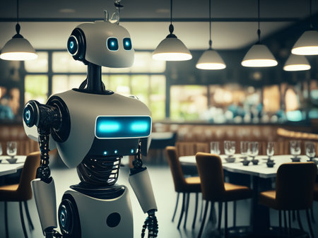 Autonomous waiter robot working in restaurant, concept. AI generatedの写真素材