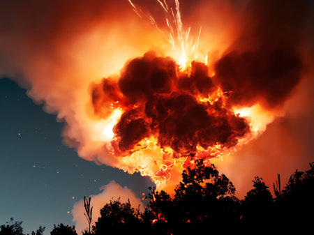 Fire explosion with a dramatic sky. AI generated
