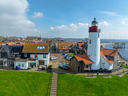 Aerial from the lighthouse in the traditional village Urk at the IJsselmeer in the Netherlandsの写真素材