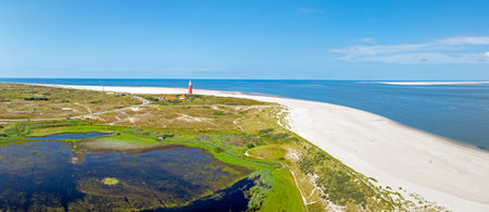 Aerial panorama from the north point of the island Texel with the lighthouse in the Netherlandsの写真素材
