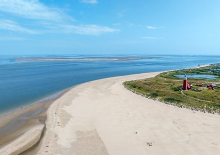 Aerial from the north point of the island Texel with the lighthouse in the Netherlandsの写真素材