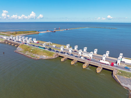 Aerial from the Lorenz sluices at the Afsluitdijk in the Netherlandsの写真素材