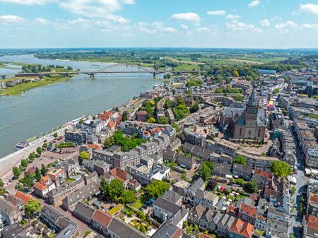 Aerial from the city Nijmegen at the river Waal in the Netherlandsの写真素材