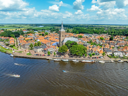 Aerial from the historical city Hasselt at the river Vecht in the Netherlandsの写真素材