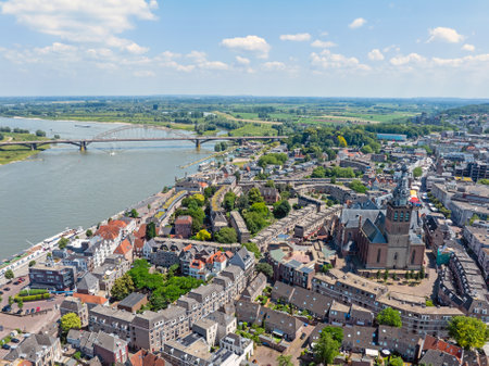 Aerial from the city Nijmegen at the river Waal in the Netherlandsの写真素材