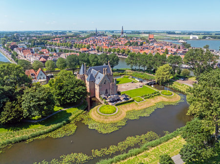 Aerial from the historical city Medemblik with the Radboud castle in the Netherlandsの写真素材