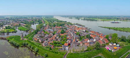 Aerial panorama from the town Woudrichem at the river Merwede in the Netherlandsの写真素材