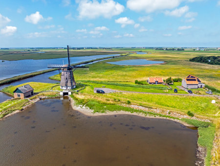 Aerial from windmill Het Noorden near Oosterend on Texel island in the Netherlandsの写真素材