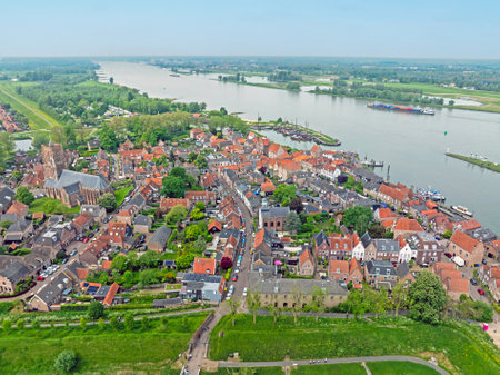 Aerial from the historical town of Woudrichem at the river Merwede in the Netherlandsの写真素材